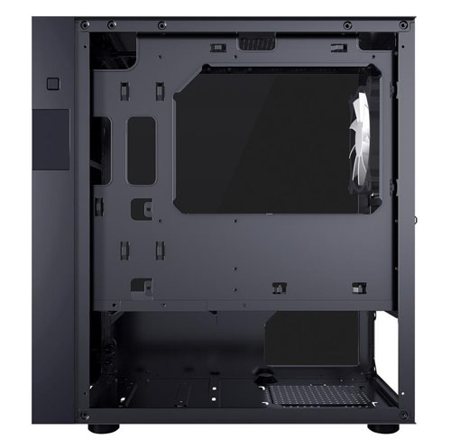 DIYPC ARGB-Q8-BK case has its side panel removed to show the behind of the motherboard tray.